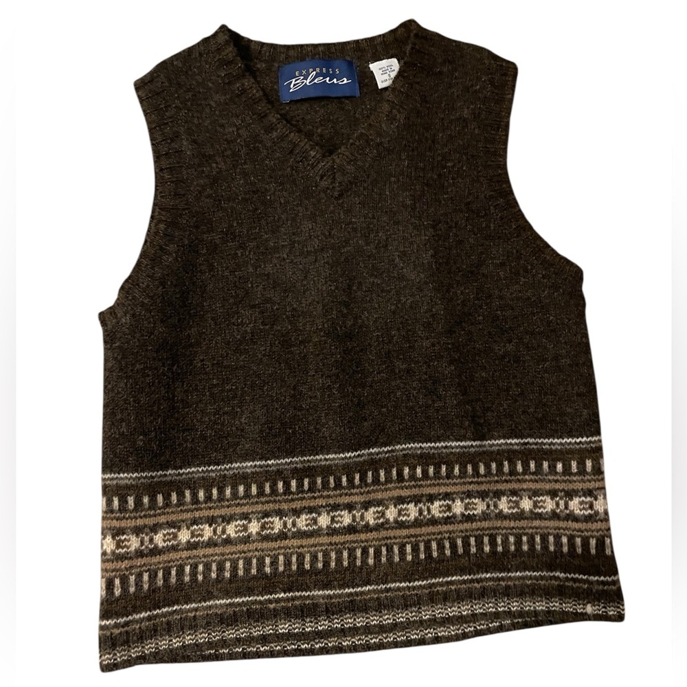 Express Bleus Vintage 100% Wool Sweater‎ Vest Brown | Women’s Small Knit V-Neck